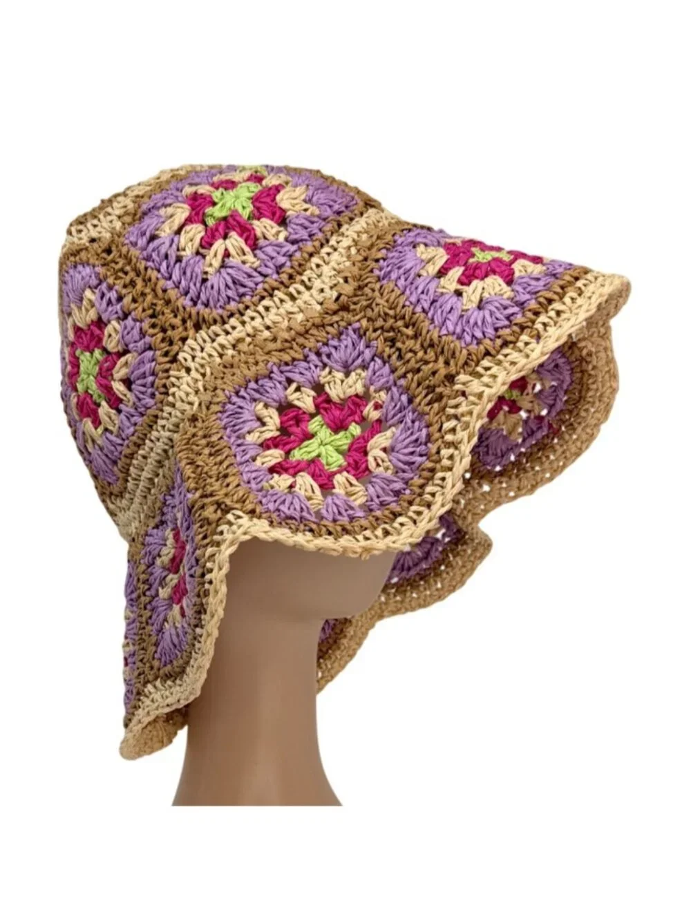 Vintage Crochet Straw Bucket Hat Granny Square‎ Pastel Boho 1990s
